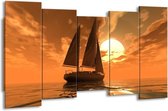GroepArt - Canvas Schilderij - Zeilboot - Bruin, Geel, Grijs - 150x80cm 5Luik- Groot Collectie Schilderijen Op Canvas En Wanddecoraties