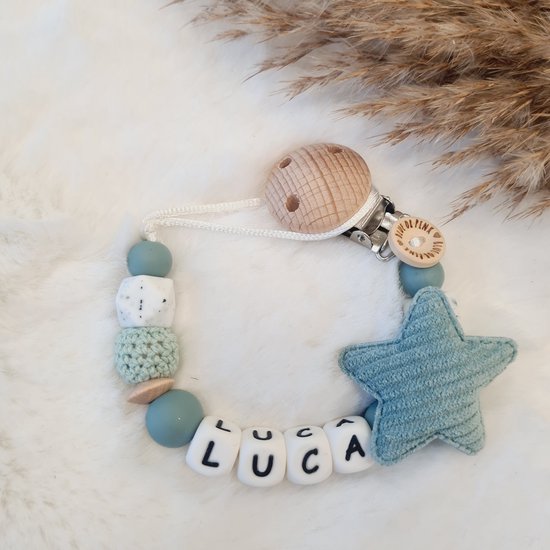 Blue or Pink - Speenkoord met naam - Blauw Wit Groen - Met ster - Kraamcadeau - Jongen