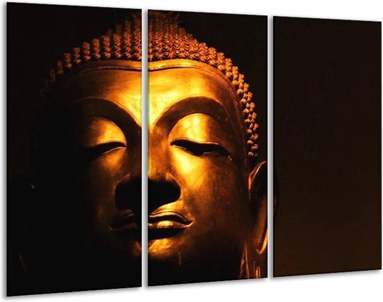 Glasschilderij Boeddha - Goud, Zwart - 120x80cm 3Luik - Foto Op Glas - Geen Acrylglas Schilderij - GroepArt 6000+ Glas Art Collectie - Maatwerk Mogelijk