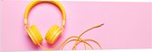 Acrylglas - Gele Headset tegen Roze Achtergrond - 150x50 cm Foto op Acrylglas (Met Ophangsysteem)