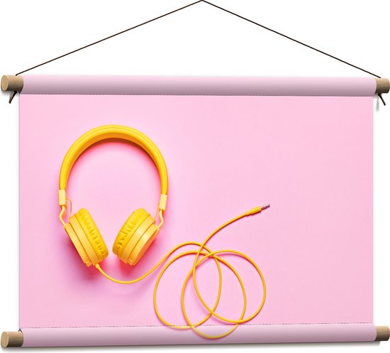Textielposter - Gele Headset tegen Roze Achtergrond - 60x40 cm Foto op Textiel