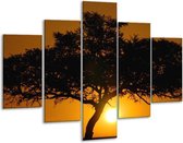 Glasschilderij -  Zonsondergang - Zwart, Geel, Oranje - 100x70cm 5Luik - Geen Acrylglas Schilderij - GroepArt 6000+ Glasschilderijen Collectie - Wanddecoratie- Foto Op Glas