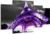 GroepArt - Schilderij -  Eiffeltoren - Paars, Zwart, Grijs - 160x90cm 4Luik - Schilderij Op Canvas - Foto Op Canvas