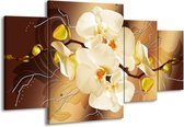GroepArt - Schilderij -  Orchidee - Bruin, Crème - 160x90cm 4Luik - Schilderij Op Canvas - Foto Op Canvas
