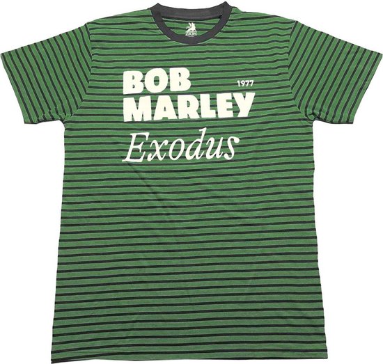Groen gestreept Bob Marley Exodus 1977 T-shirt met witte tekst.