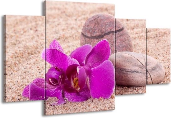 GroepArt - Schilderij -  Orchidee - Paars, Geel, Bruin - 160x90cm 4Luik - Schilderij Op Canvas - Foto Op Canvas