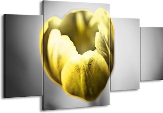 GroepArt - Schilderij -  Tulp - Geel, Wit, Grijs - 160x90cm 4Luik - Schilderij Op Canvas - Foto Op Canvas