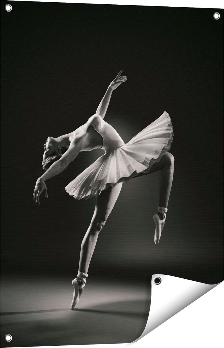 Gards Tuinposter Ballerina op Haar Tenen - Ballet - Zwart Wit - 60x80 cm - Tuindoek - Tuindecoratie - Wanddecoratie buiten - Tuinschilderij Multikleur