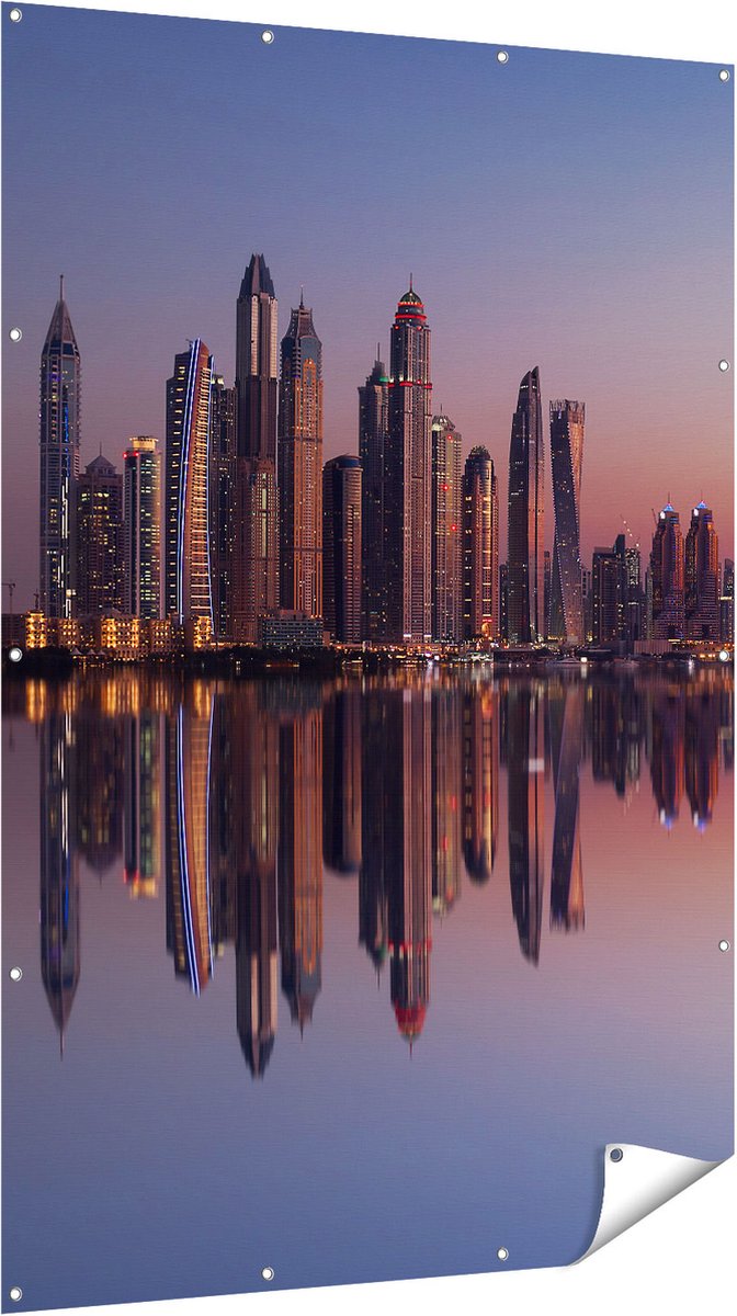 Gards Tuinposter Skyline Dubai Stad bij Zonsondergang - 120x180 cm - Tuindoek - Tuindecoratie - Wanddecoratie buiten - Tuinschilderij Multikleur