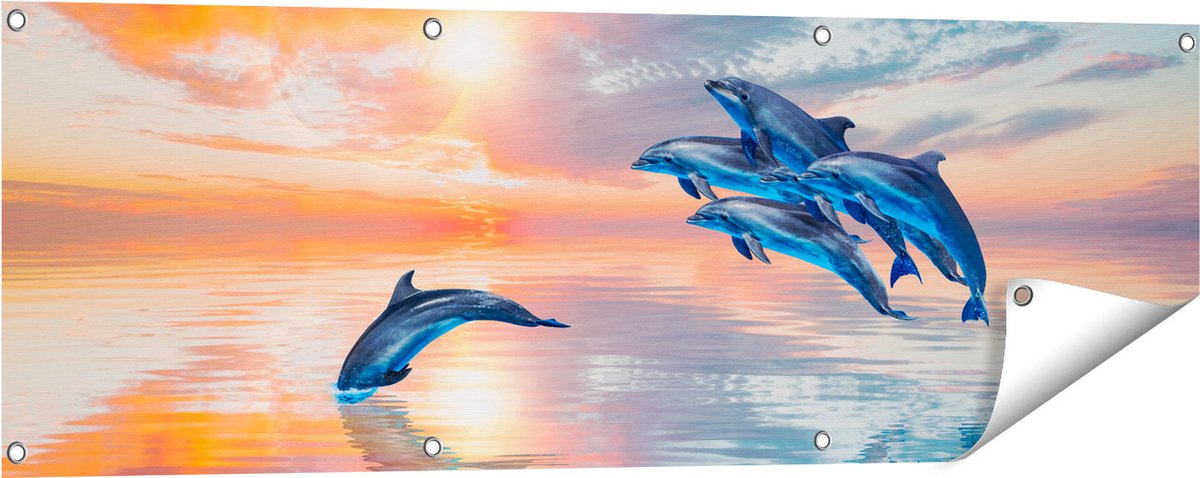 Gards Tuinposter Groep Dolfijnen Springen uit het Water - 120x40 cm - Tuindoek - Tuindecoratie - Wanddecoratie buiten - Tuinschilderij Multikleur
