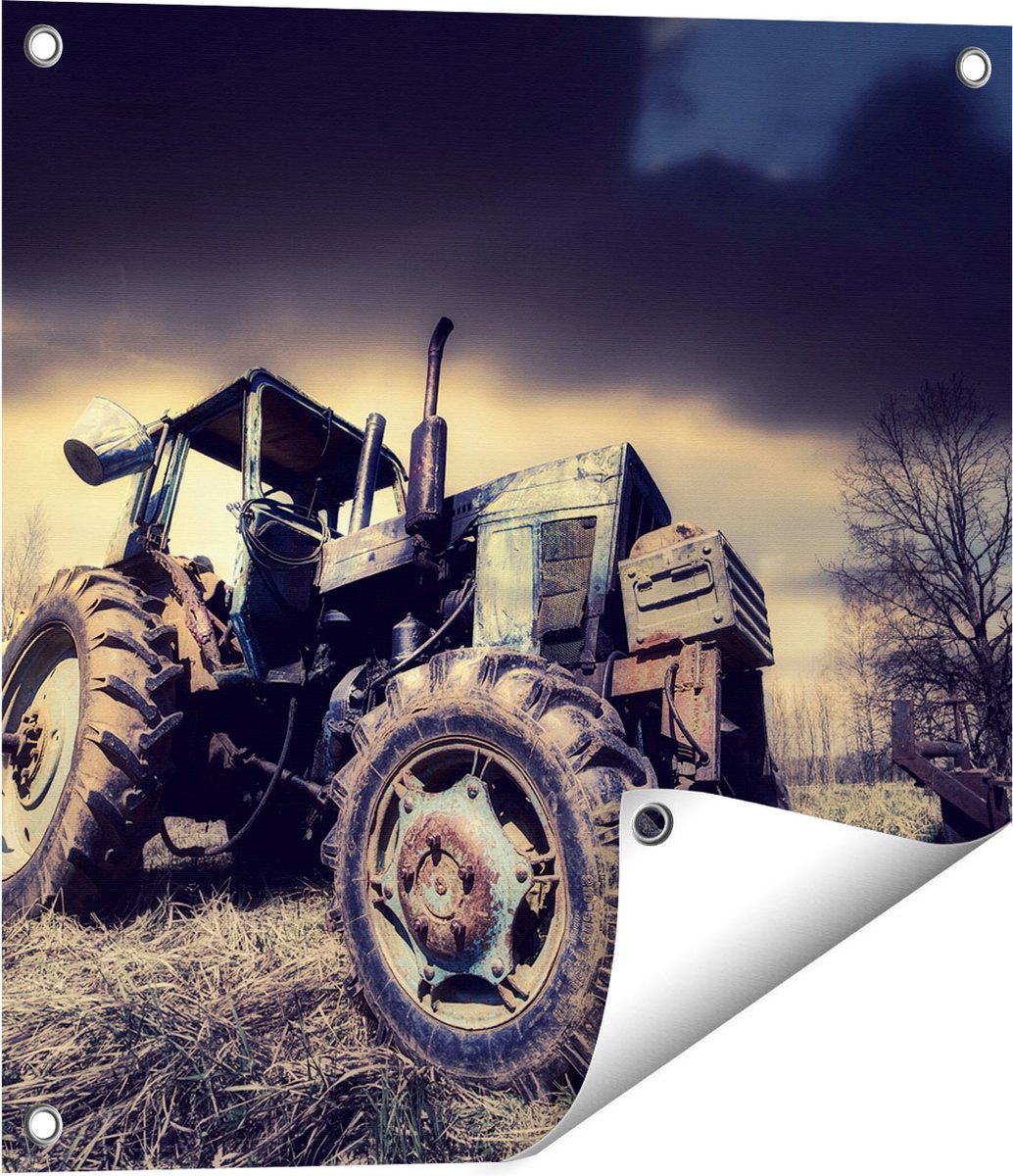 Gards Tuinposter Oude Tractor op het Grasveld - Trekker - 50x50 cm - Tuindoek - Tuindecoratie - Wanddecoratie buiten - Tuinschilderij Multikleur