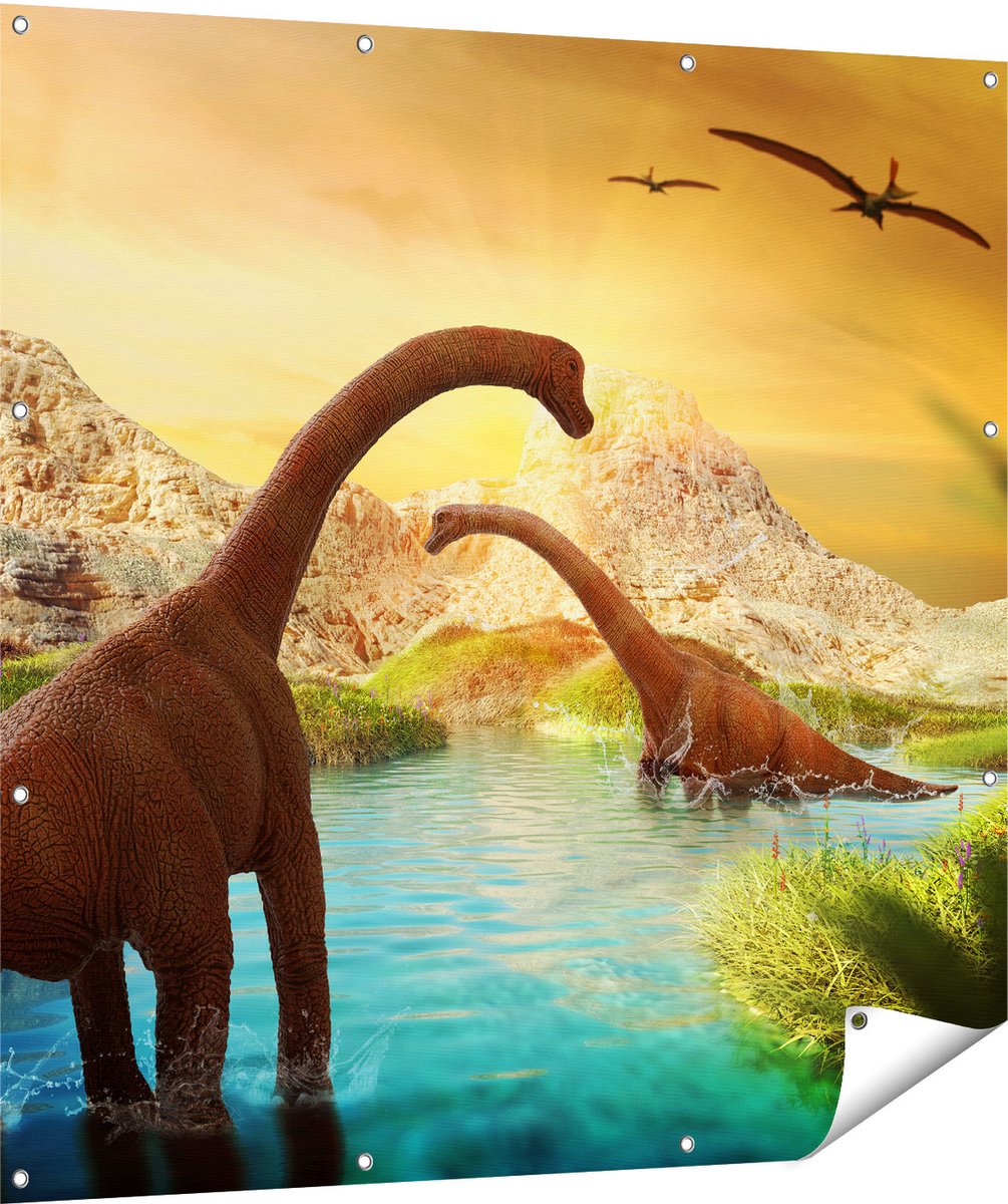 Gards Tuinposter Dinosauri�rs in het Water - Dino's - 120x120 cm - Tuindoek - Tuindecoratie - Wanddecoratie buiten - Tuinschilderij Multikleur