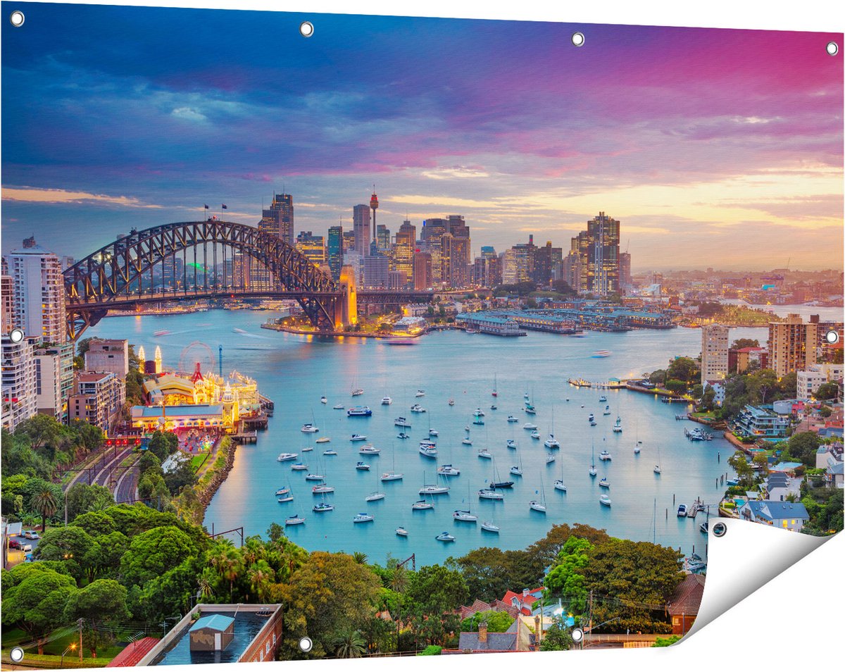 Gards Tuinposter Sydney Harbour Bridge in de Avond - 120x80 cm - Tuindoek - Tuindecoratie - Wanddecoratie buiten - Tuinschilderij Multikleur