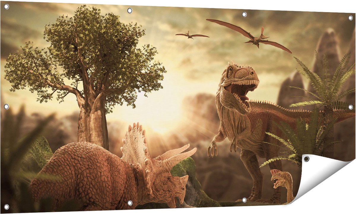 Gards Tuinposter Dinosauri�rs in de Natuur - Dino's - 140x70 cm - Tuindoek - Tuindecoratie - Wanddecoratie buiten - Tuinschilderij Multikleur