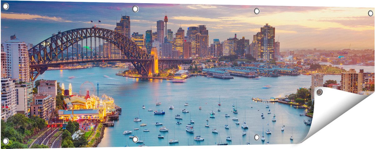 Gards Tuinposter Sydney Harbour Bridge in de Avond - 120x40 cm - Tuindoek - Tuindecoratie - Wanddecoratie buiten - Tuinschilderij Multikleur