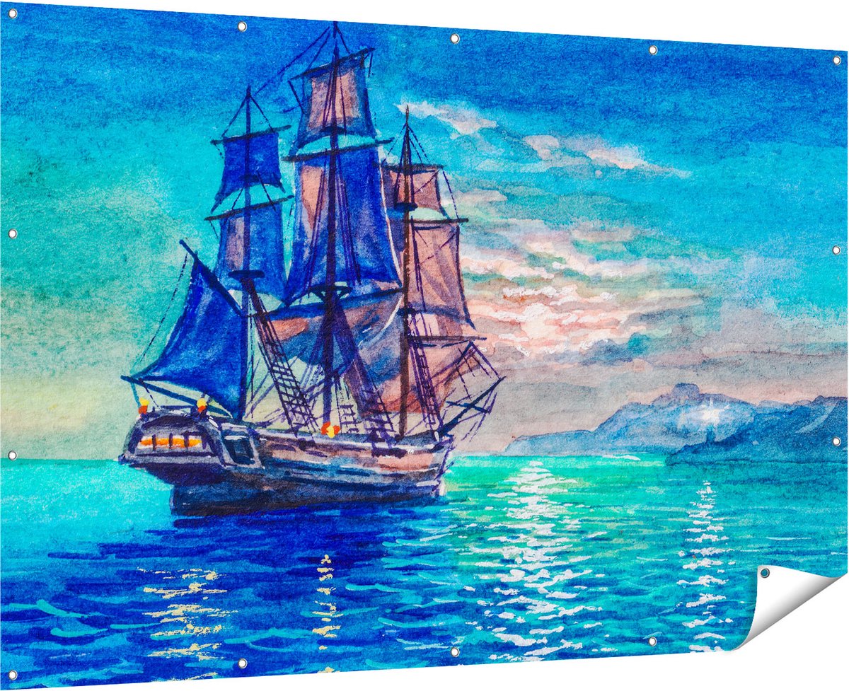 Gards Tuinposter Oude Piratenschip Zeilboot Getekend - 180x120 cm - Tuindoek - Tuindecoratie - Wanddecoratie buiten - Tuinschilderij Multikleur