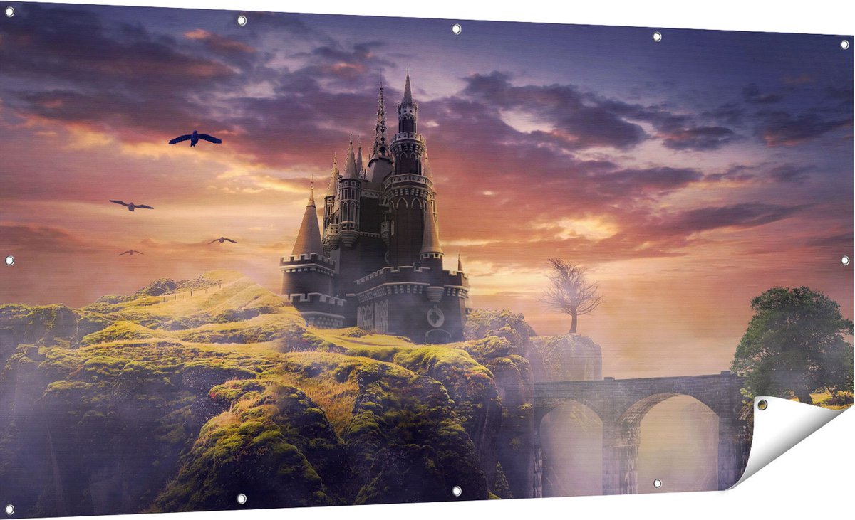 Gards Tuinposter Oud Kasteel op een Heuvel - 180x90 cm - Tuindoek - Tuindecoratie - Wanddecoratie buiten - Tuinschilderij Multikleur