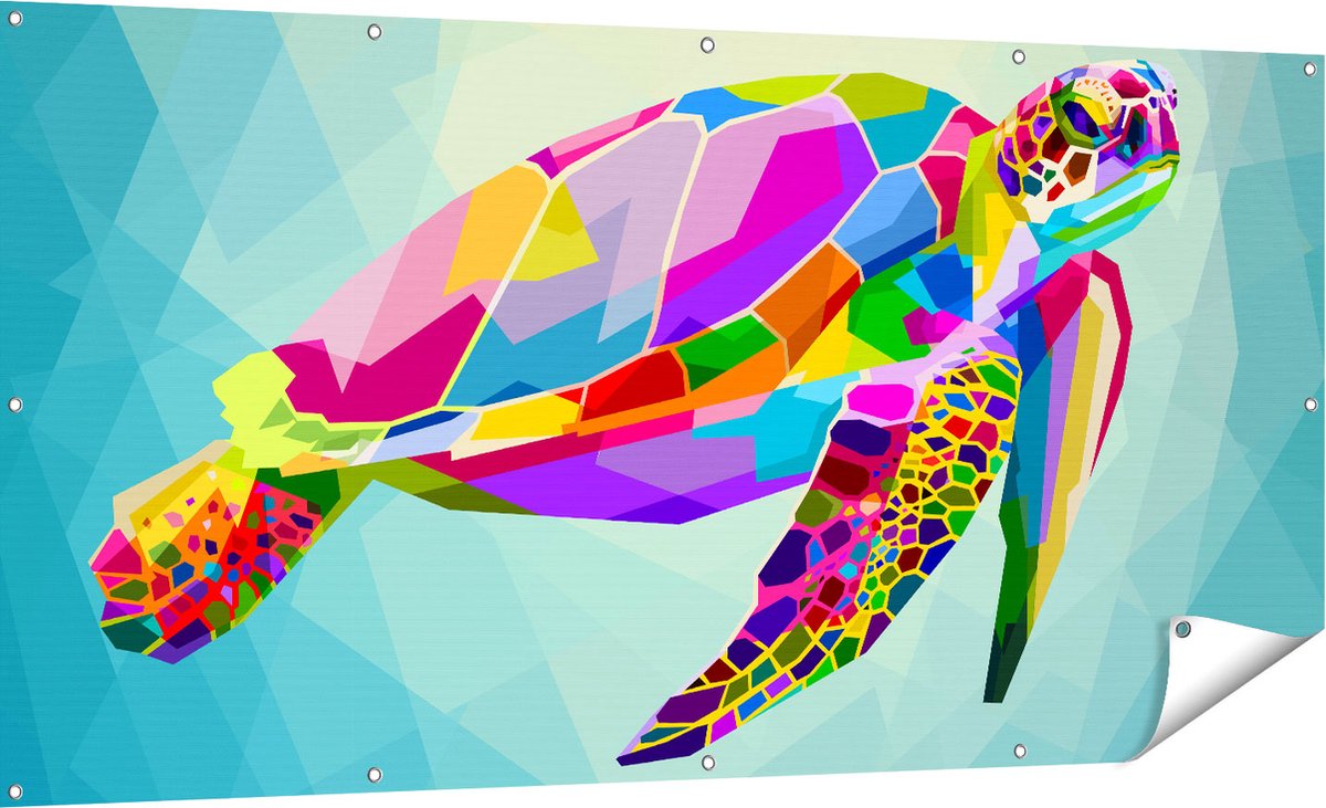 Gards Tuinposter Kleurrijke Schildpad in het Water - 180x90 cm - Tuindoek - Tuindecoratie - Wanddecoratie buiten - Tuinschilderij Multikleur