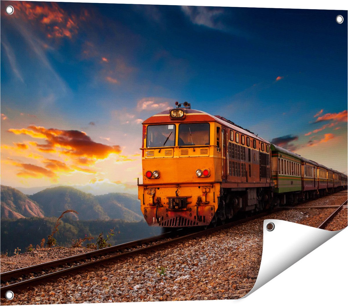 Gards Tuinposter Trein tussen de Bergen in Thailand - 80x60 cm - Tuindoek - Tuindecoratie - Wanddecoratie buiten - Tuinschilderij Multikleur