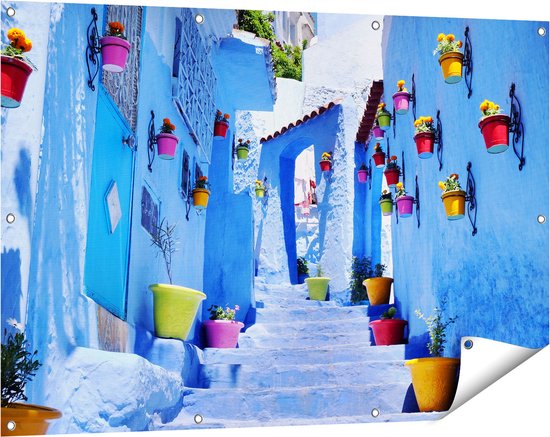 Gards Affiche de jardin Maisons bleues avec Pots de fleurs à Chefchaouen, Maroc - 120x80 cm - Toile de jardin - Décoration de jardin - Décoration murale extérieure - Tableau de jardin