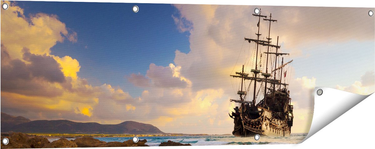 Gards Tuinposter Piratenschip aan de Kust bij Zonsondergang - 120x40 cm - Tuindoek - Tuindecoratie - Wanddecoratie buiten - Tuinschilderij Multikleur
