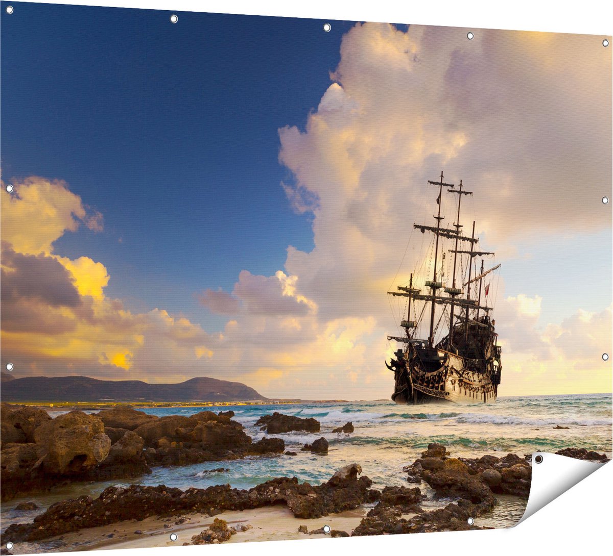 Gards Tuinposter Piratenschip aan de Kust bij Zonsondergang - 160x120 cm - Tuindoek - Tuindecoratie - Wanddecoratie buiten - Tuinschilderij Multikleur
