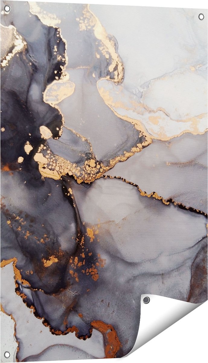 Gards Tuinposter Abstracte Kunst - Grijze Marmer met Goud - 60x90 cm - Tuindoek - Tuindecoratie - Wanddecoratie buiten - Tuinschilderij Multikleur