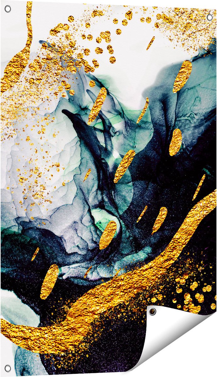 Gards Tuinposter Abstracte Kunst - Zwart Wit met Gouden Strepen - 60x90 cm - Tuindoek - Tuindecoratie - Wanddecoratie buiten - Tuinschilderij Multikleur