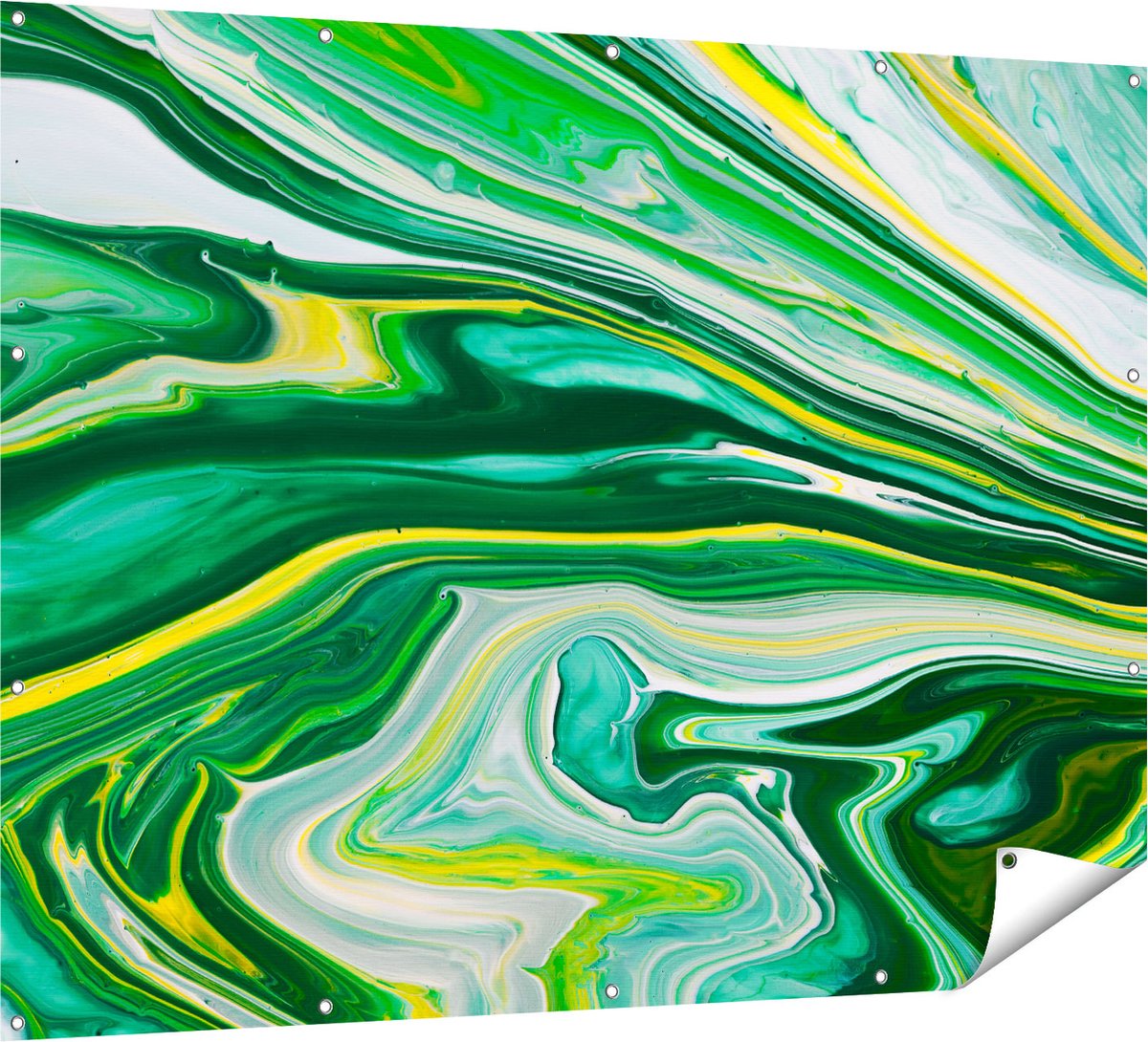 Gards Tuinposter Abstracte Kunst - Groen met Gele Verf - 160x120 cm - Tuindoek - Tuindecoratie - Wanddecoratie buiten - Tuinschilderij Multikleur