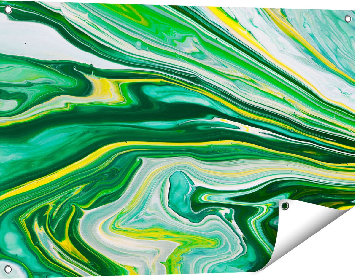 Gards Tuinposter Abstracte Kunst - Groen met Gele Verf - 90x60 cm - Tuindoek - Tuindecoratie - Wanddecoratie buiten - Tuinschilderij Multikleur