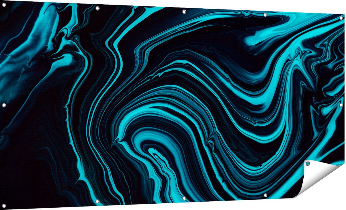 Gards Tuinposter Abstracte Kunst - Aqua Blauw met Zwart - 180x90 cm - Tuindoek - Tuindecoratie - Wanddecoratie buiten - Tuinschilderij Multikleur