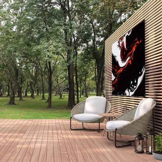 Gards Tuinposter Abstracte Kunst - Zwart en Wit met Rood - 180x120 cm - Tuindoek - Tuindecoratie - Wanddecoratie buiten - Tuinschilderij