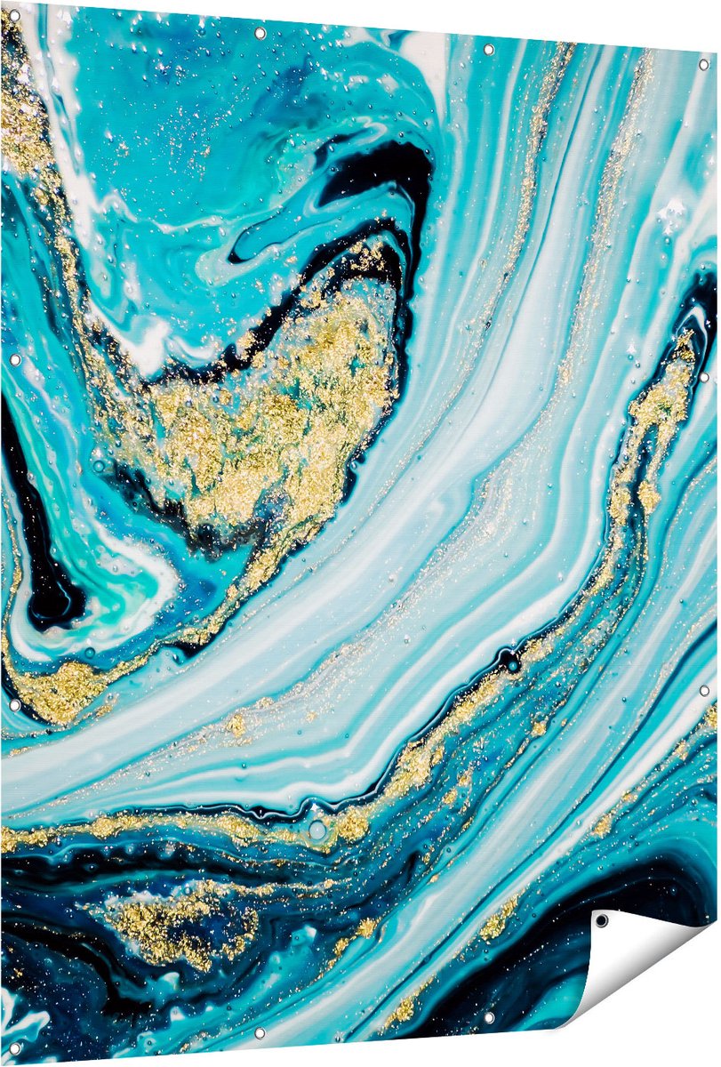 Gards Tuinposter Abstracte Luxe Kunst in het Blauw met Goud - 120x150 cm - Tuindoek - Tuindecoratie - Wanddecoratie buiten - Tuinschilderij Multikleur