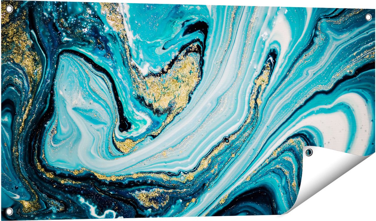 Gards Tuinposter Abstracte Luxe Kunst in het Blauw met Goud - 100x50 cm - Tuindoek - Tuindecoratie - Wanddecoratie buiten - Tuinschilderij Multikleur