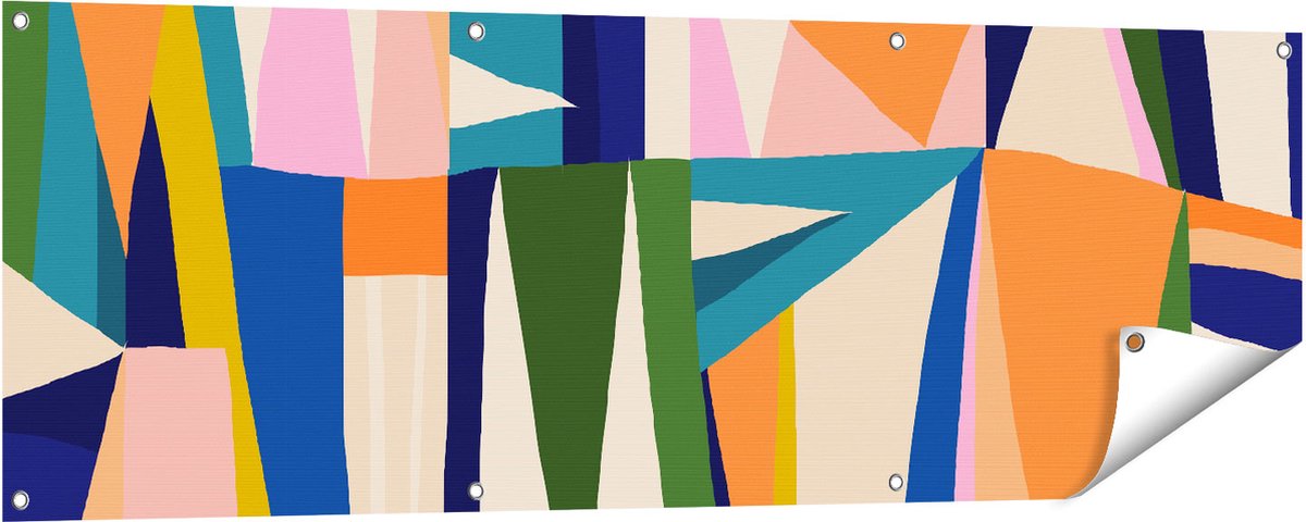 Gards Tuinposter Abstracte Kleurrijke Kunst - Driehoeken - 150x50 cm - Tuindoek - Tuindecoratie - Wanddecoratie buiten - Tuinschilderij Multikleur