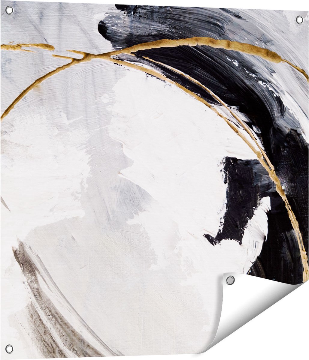 Gards Tuinposter Abstracte Kunst - Wit met Zwart en Goud - 70x70 cm - Tuindoek - Tuindecoratie - Wanddecoratie buiten - Tuinschilderij Multikleur