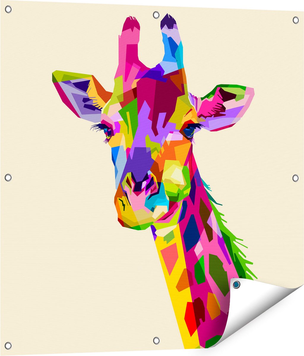 Gards Tuinposter Kleurrijke Giraffe - Abstract - 80x80 cm - Tuindoek - Tuindecoratie - Wanddecoratie buiten - Tuinschilderij Multikleur
