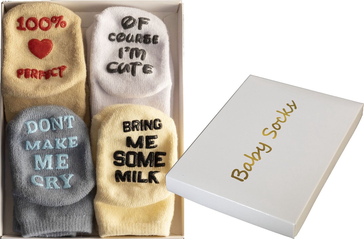 Goedkoopste Muuzey Geschenkdoos - Baby sokjes - Baby Sokken – Kraamcadeau - cadeau Jongen - cadeau Meisje – Babyshower – Antislip sokken – 4 paar sokken - Brievenbus cadeau
