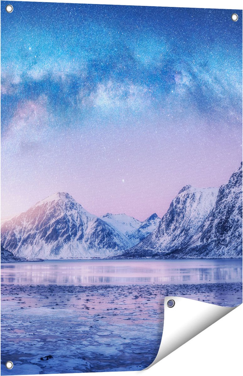 Gards Tuinposter Melkweg bij de Besneeuwde bergen - 60x80 cm - Tuindoek - Tuindecoratie - Wanddecoratie buiten - Tuinschilderij Multikleur