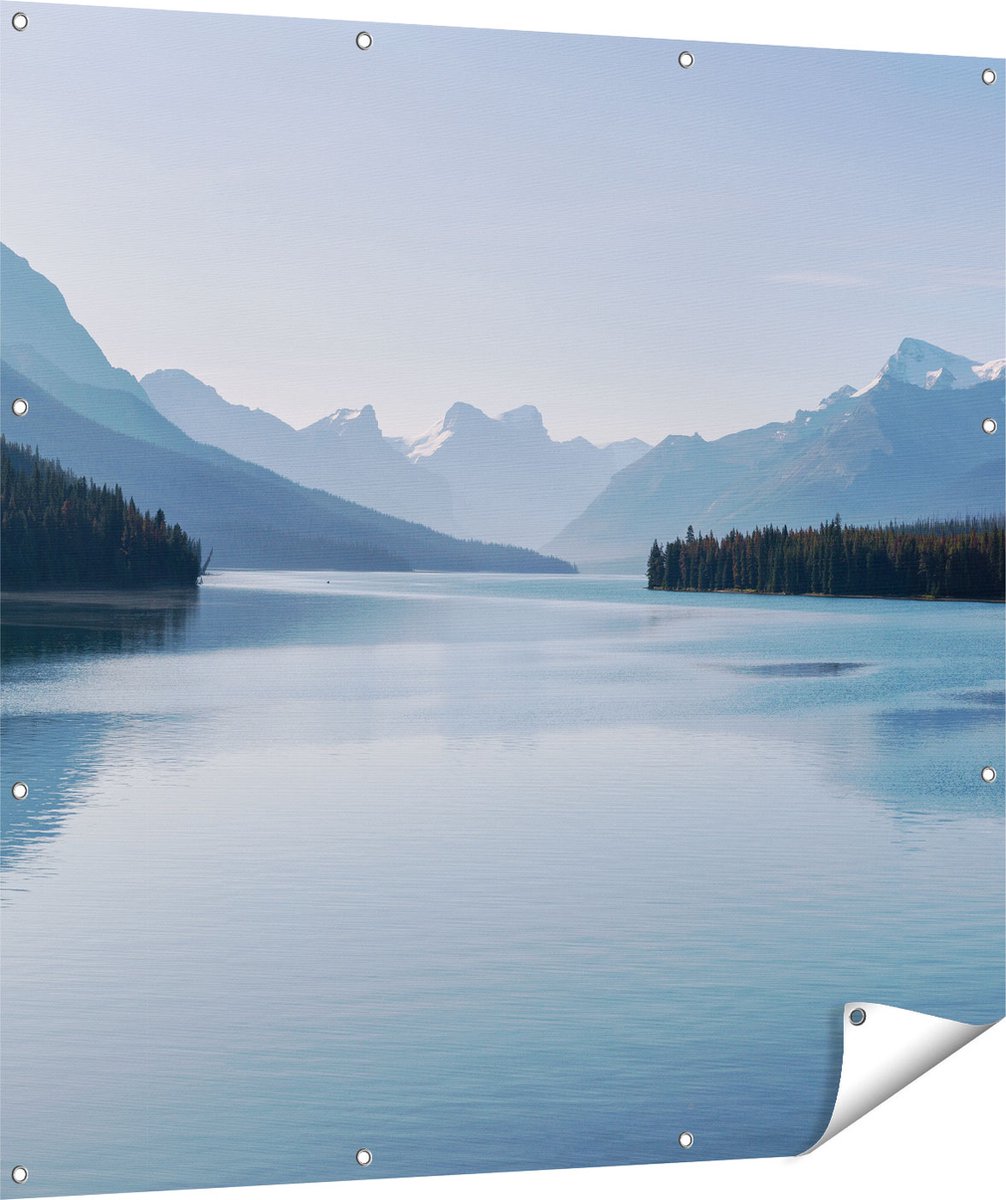 Gards Tuinposter Meer bij de Bergen in Alberta, Canada - 120x120 cm - Tuindoek - Tuindecoratie - Wanddecoratie buiten - Tuinschilderij Multikleur