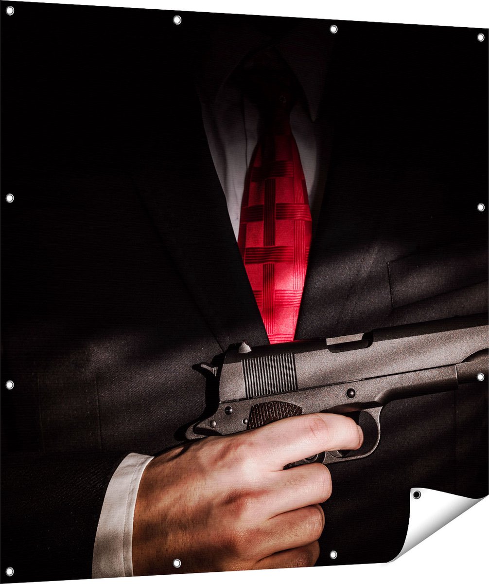 Gards Tuinposter Man van de Maffia met een Pistool Vast - 120x120 cm - Tuindoek - Tuindecoratie - Wanddecoratie buiten - Tuinschilderij Multikleur