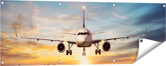 Gards Tuinposter Vliegtuig met een Landing op de Luchthaven - 120x40 cm - Tuindoek - Tuindecoratie - Wanddecoratie buiten - Tuinschilderij