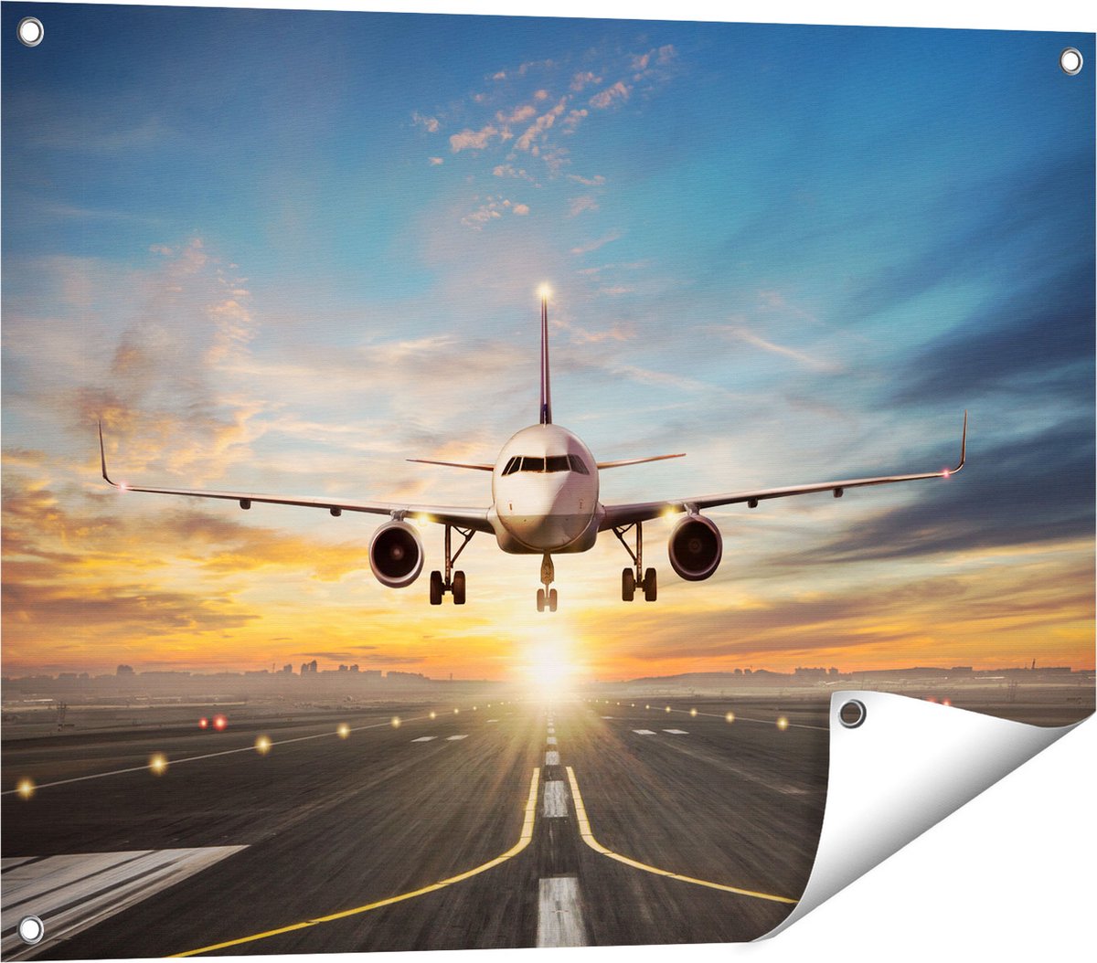 Gards Tuinposter Vliegtuig met een Landing op de Luchthaven - 80x60 cm - Tuindoek - Tuindecoratie - Wanddecoratie buiten - Tuinschilderij Multikleur