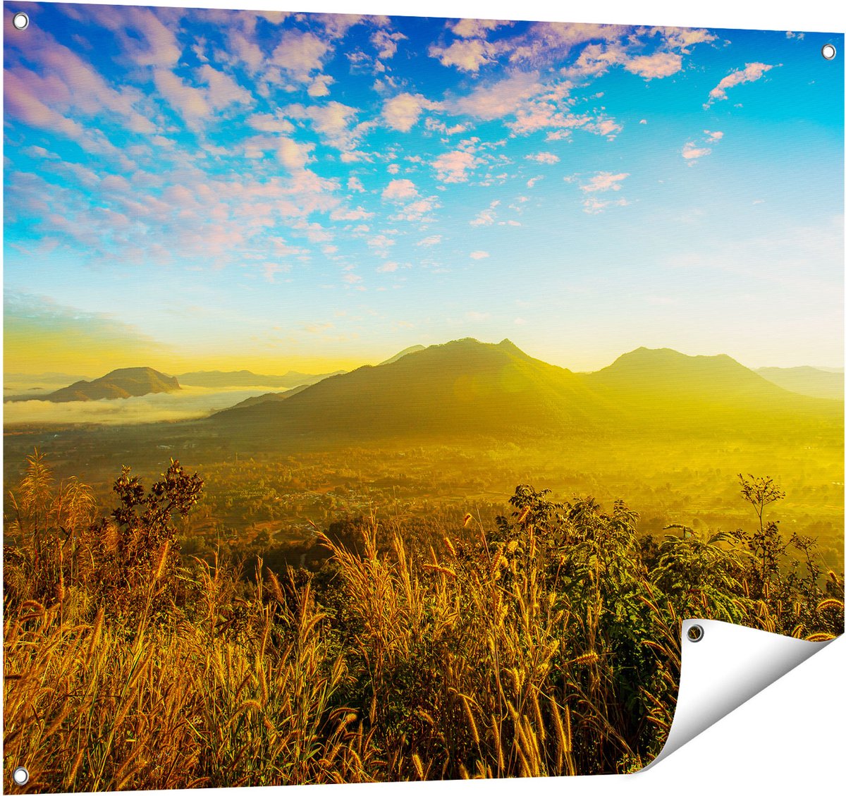 Gards Tuinposter Bergen met Mist in Thailand - 100x80 cm - Tuindoek - Tuindecoratie - Wanddecoratie buiten - Tuinschilderij Multikleur