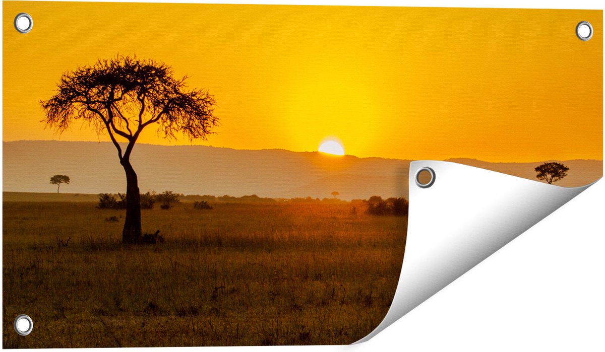 Gards Tuinposter Zonsopgang in de Savanne met een Boom - 60x30 cm - Tuindoek - Tuindecoratie - Wanddecoratie buiten - Tuinschilderij Multikleur