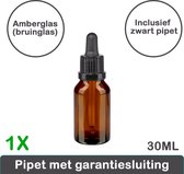 1x professionele amber (bruinglas) pipetflesje 30 ml inclusief zwart pipet - glazen pipetfles - aromatherapie