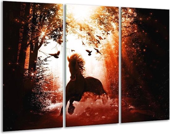Glasschilderij Paard - Rood, Zwart, Wit - 120x80cm 3Luik - Foto Op Glas - Geen Acrylglas Schilderij - GroepArt 6000+ Glas Art Collectie - Maatwerk Mogelijk