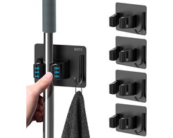 BOTC Bezemhouder - 4 stuks - Zelfklevend - RVS - Bezem Ophangsysteem - Bezem Houder - Tuingereedschap - Zwart