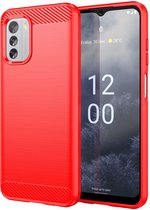 Nokia G60 Hoesje - MobyDefend TPU Gelcase - Geborsteld Metaal + Carbonlook - Rood - GSM Hoesje - Telefoonhoesje Geschikt Voor Nokia G60