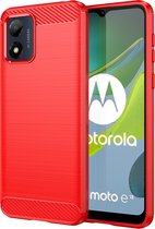 Motorola Moto E13 Hoesje - MobyDefend TPU Gelcase - Geborsteld Metaal + Carbonlook - Rood - GSM Hoesje - Telefoonhoesje Geschikt Voor Motorola Moto E13